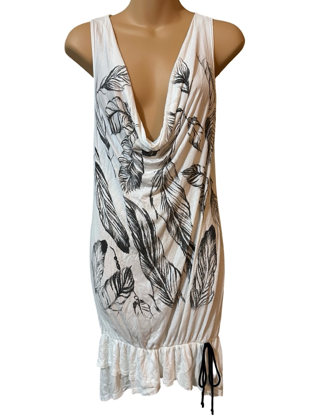 Gojane Large Feather Print Cowl Neck Tunic Mini Dress Ruched Faux Drawstring Y2K